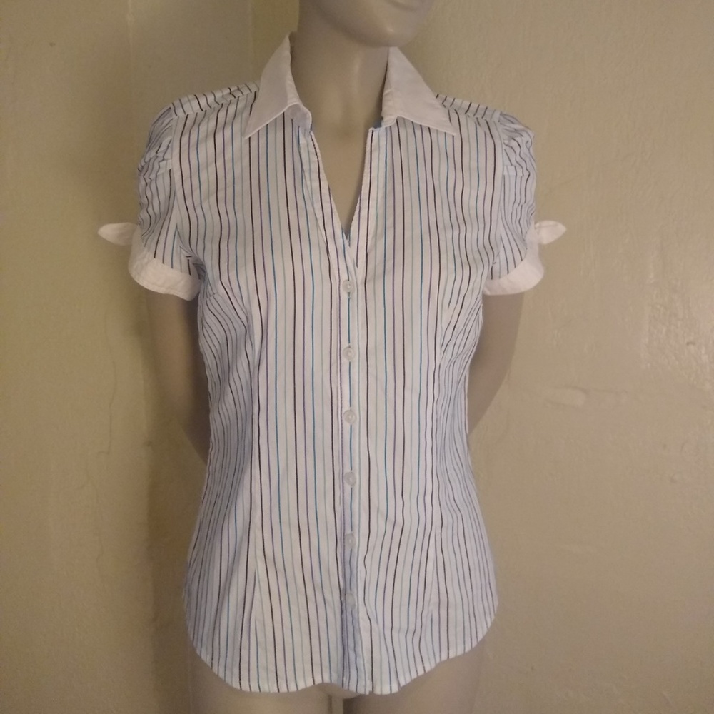 Express Short Sleeve Button Down, white/blue; XS